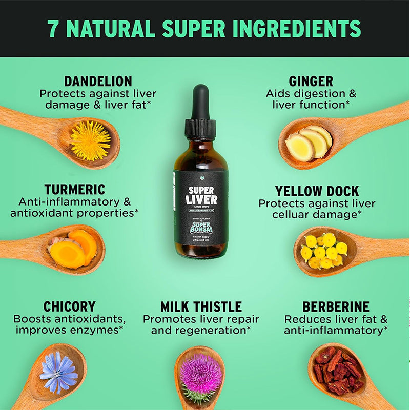 SuperBonsai Super Liver Support supplement facts label showing ingredients and nutritional information