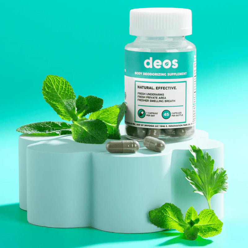 DEOS Internal Deodorant Supplement facts label showing natural ingredients for internal body odor control and wellness