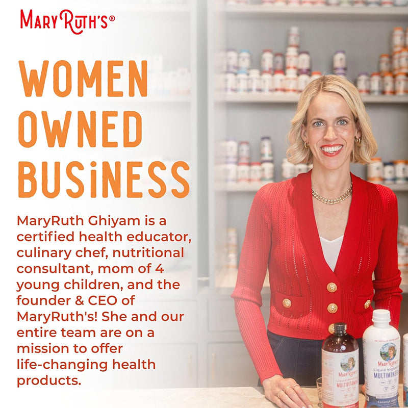 Woman with healthy hair using MaryRuth Organics liquid multivitamin daily supplement