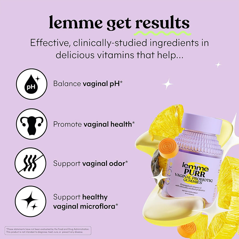 "Lemme Purr supplement facts label showing clinically proven probiotic strains for vaginal health"