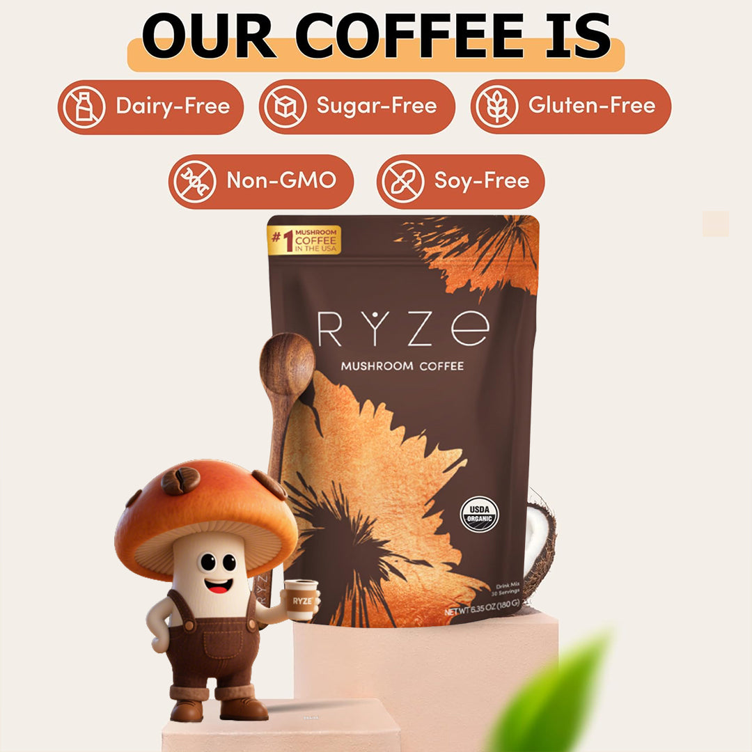 Cup of mushroom coffee showing rich smooth texture and natural ingredients