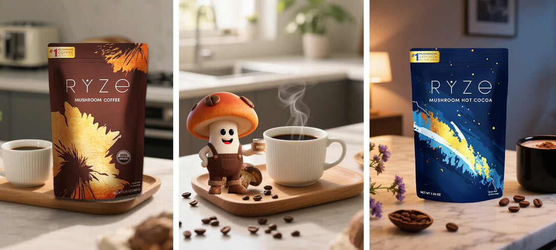 RYZE Mushroom Coffee and Hot Cocoa products for natural energy boost