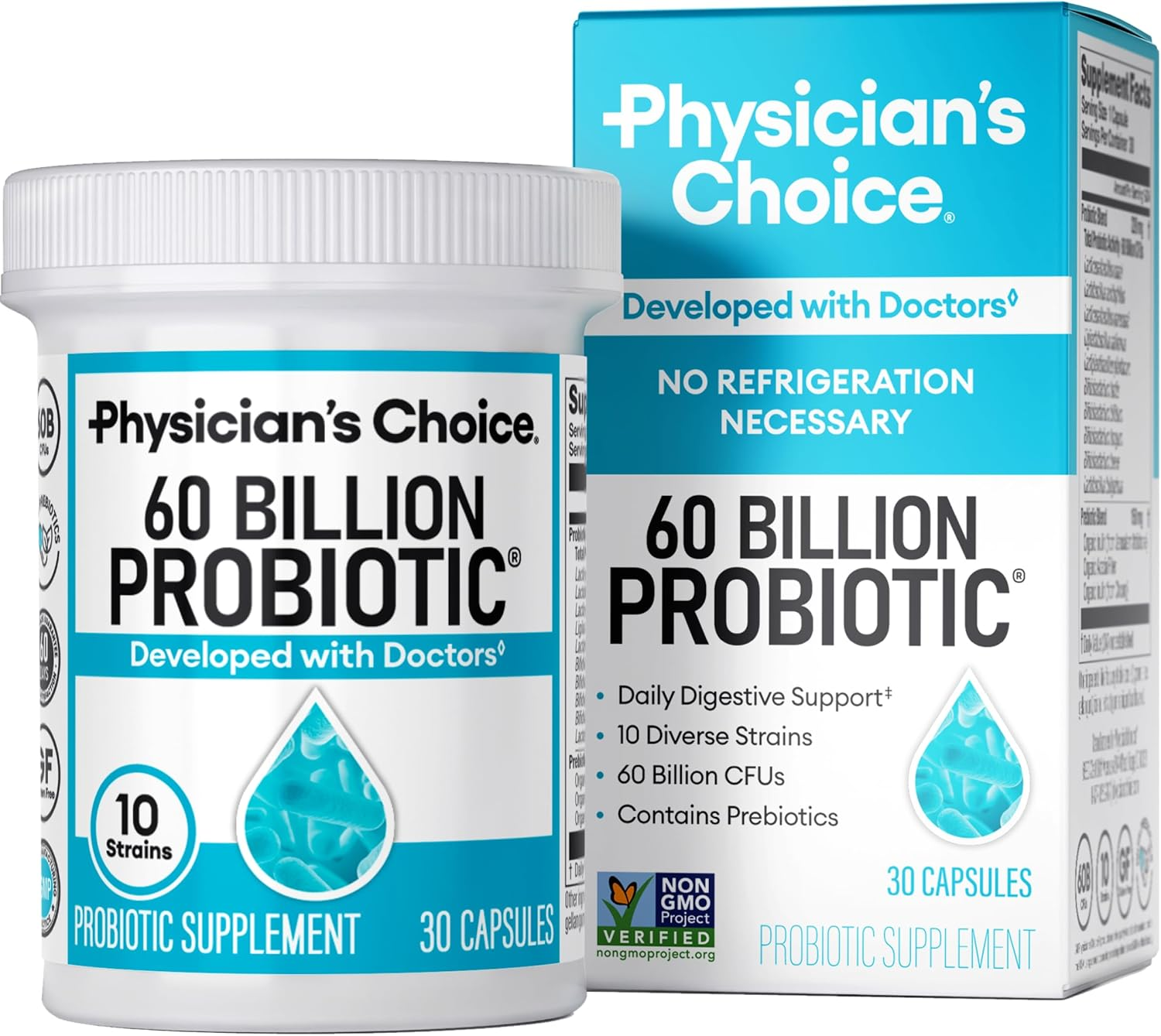 "Physician's Choice probiotics with 600 billion CFU and 10 probiotic strains"