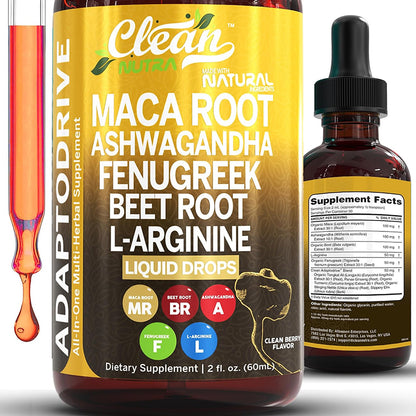 Organic maca root liquid drops with ashwagandha for energy and vitality