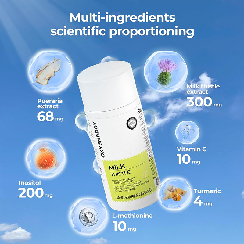 OxyEnergy Silymarin Milk Thistle supplement facts label - showing ingredients and dosage information for liver health support"