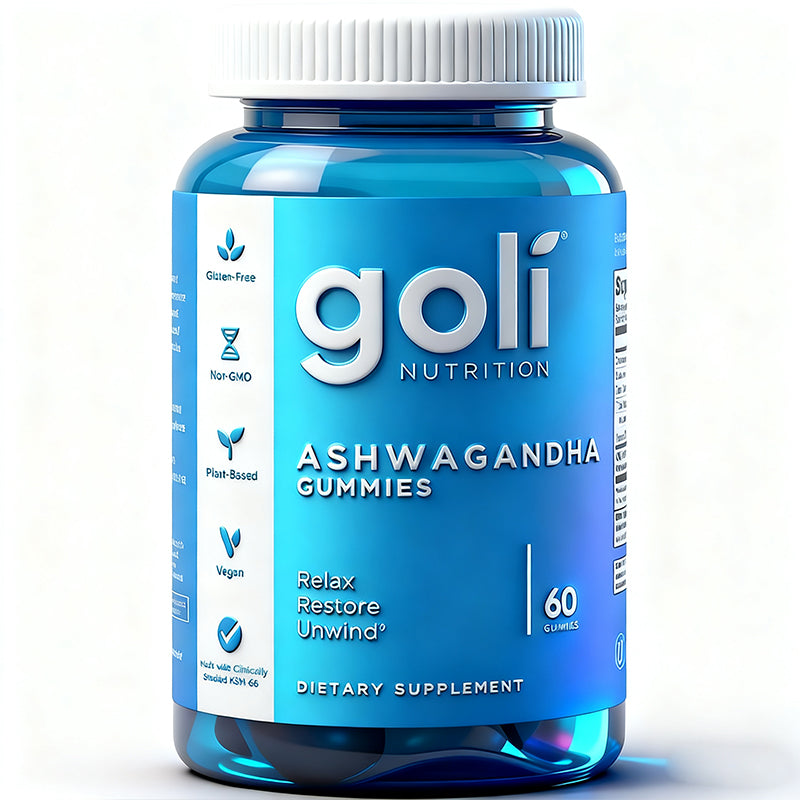 "Goli Ashwagandha and Vitamin D gummy bottle for stress relief and immune support"