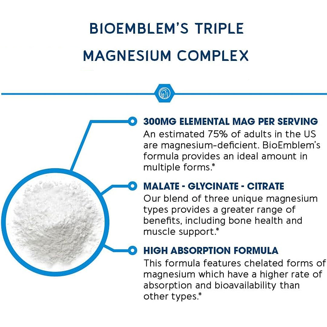BioEmblem triple magnesium complex bottle showing high absorption formula details