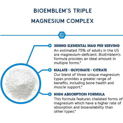 BioEmblem triple magnesium complex bottle showing high absorption formula details