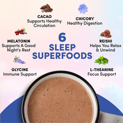 "RYZE SUPERFOODS mushroom hot cocoa container with melatonin for natural sleep support"