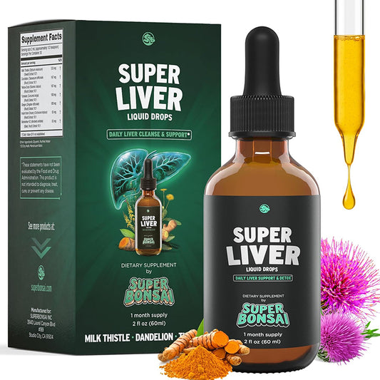 SuperBonsai Super Liver Support supplement bottle with NAD+ and resveratrol formula for healthy aging"