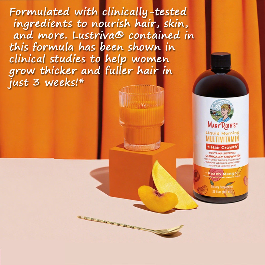 MaryRuth Organics liquid multivitamin bottle with biotin for hair growth and wellness