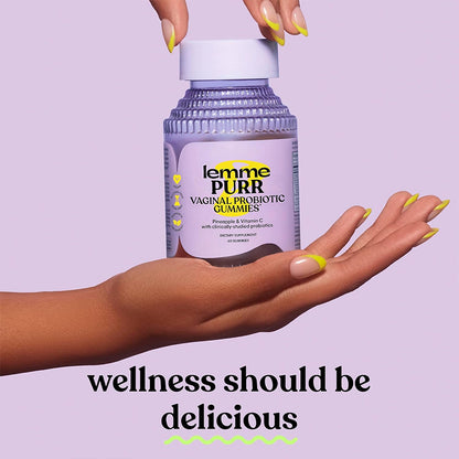 Lemme Purr Women's Vaginal Probiotic Gummies Product Details - Showing Gummy Appearance and Ingredient Information"