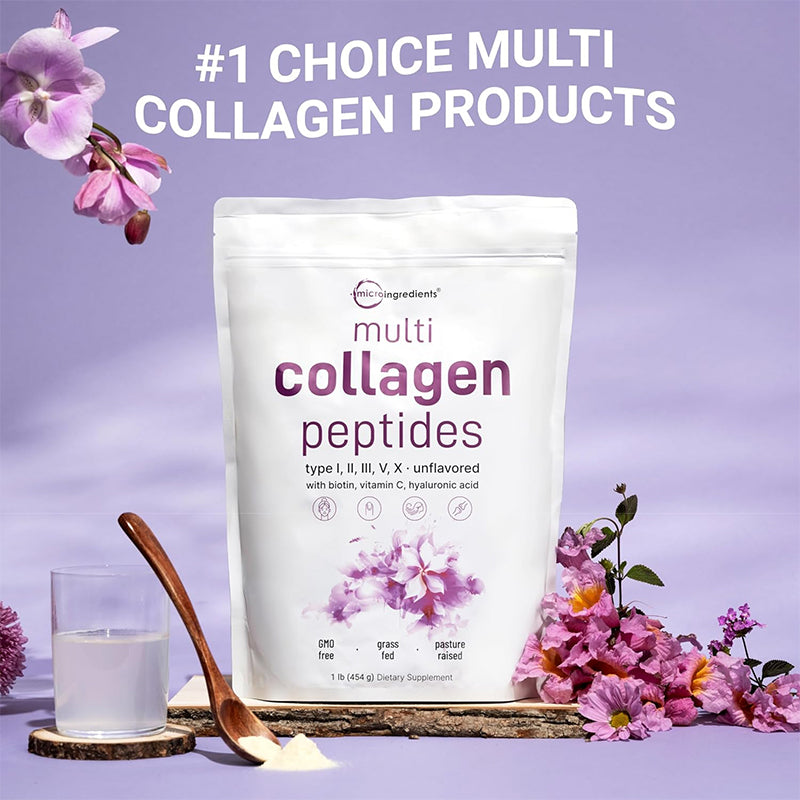 "Multi Collagen Peptides Powder product label showing ingredients and nutritional facts - types I II III V X collagen blend"
