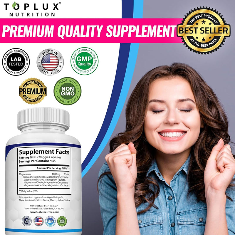 "Magnesium complex bottle showing 8-form elemental blend for optimal absorption"