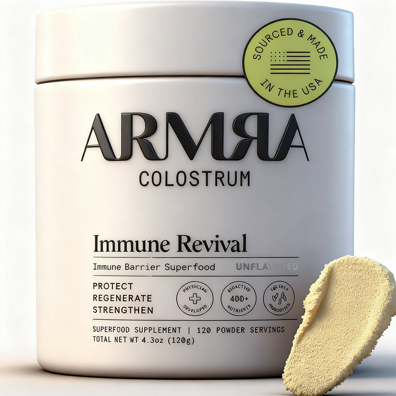 "ARMRA Colostrum powder container with grass-fed bovine colostrum for immune support"