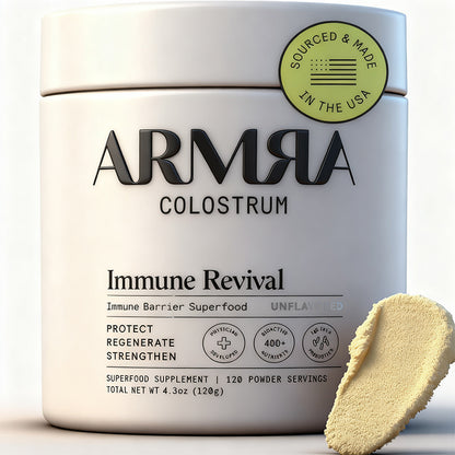 "ARMRA Colostrum powder container with grass-fed bovine colostrum for immune support"