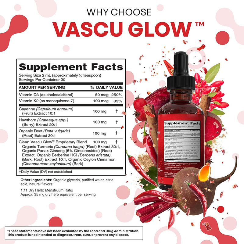 "Vascu Glow cardiovascular wellness formula with natural ingredients for circulation health"