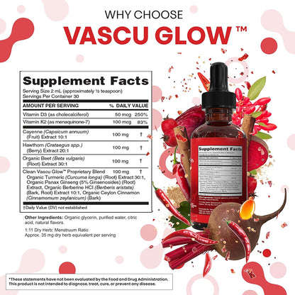 "Vascu Glow cardiovascular wellness formula with natural ingredients for circulation health"