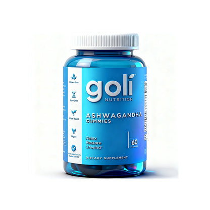 "Goli Ashwagandha and Vitamin D gummy bottle for stress relief and immune support"