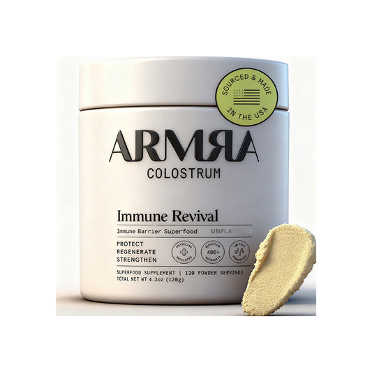 "ARMRA Colostrum powder container with grass-fed bovine colostrum for immune support"
