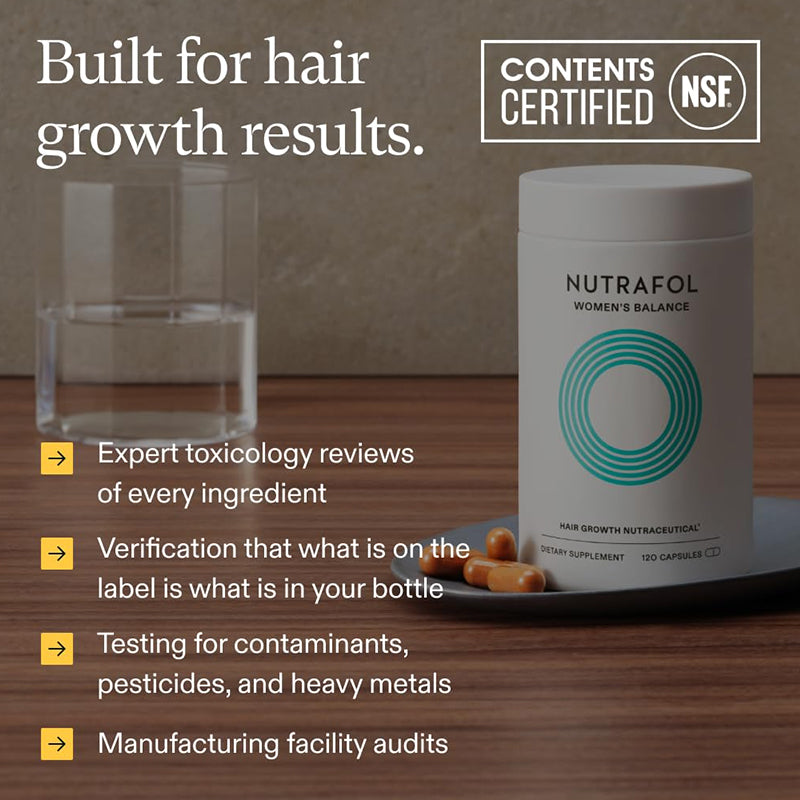 "Nutrafol supplement facts showing 21 natural ingredients for hair thinning and growth"