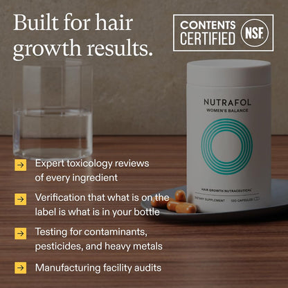 "Nutrafol supplement facts showing 21 natural ingredients for hair thinning and growth"