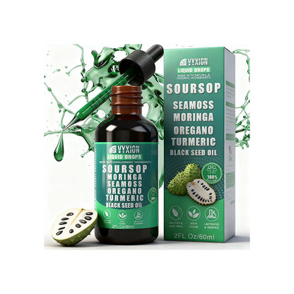 "Soursop Bitters liquid drops bottle with 10-in-1 herbal formula for detox and wellness"