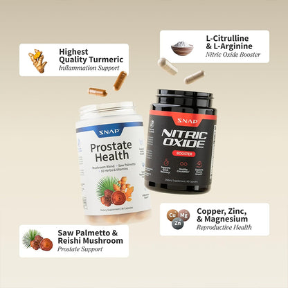 "Prostate health supplement bottle with saw palmetto and turmeric for men's wellness"