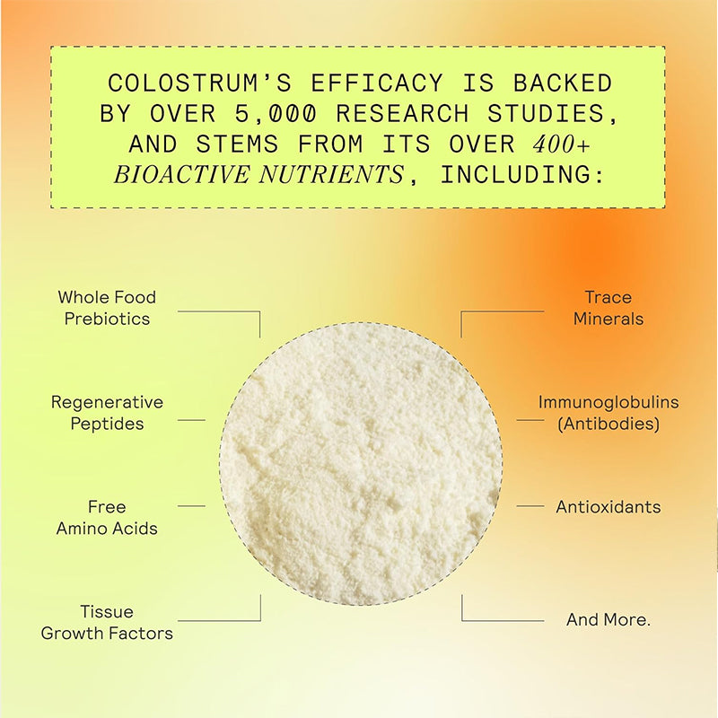  "Premium colostrum powder with 400+ bioactive nutrients for gut health and wellness"