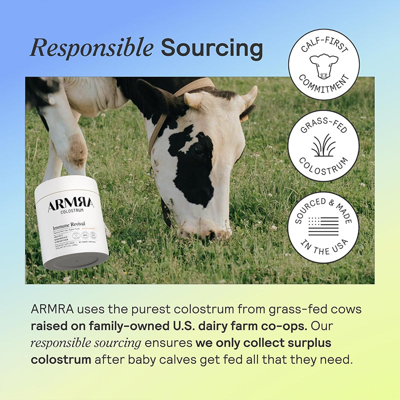  "ARMRA cold-processed colostrum superfood with immunoglobulins and growth factors"