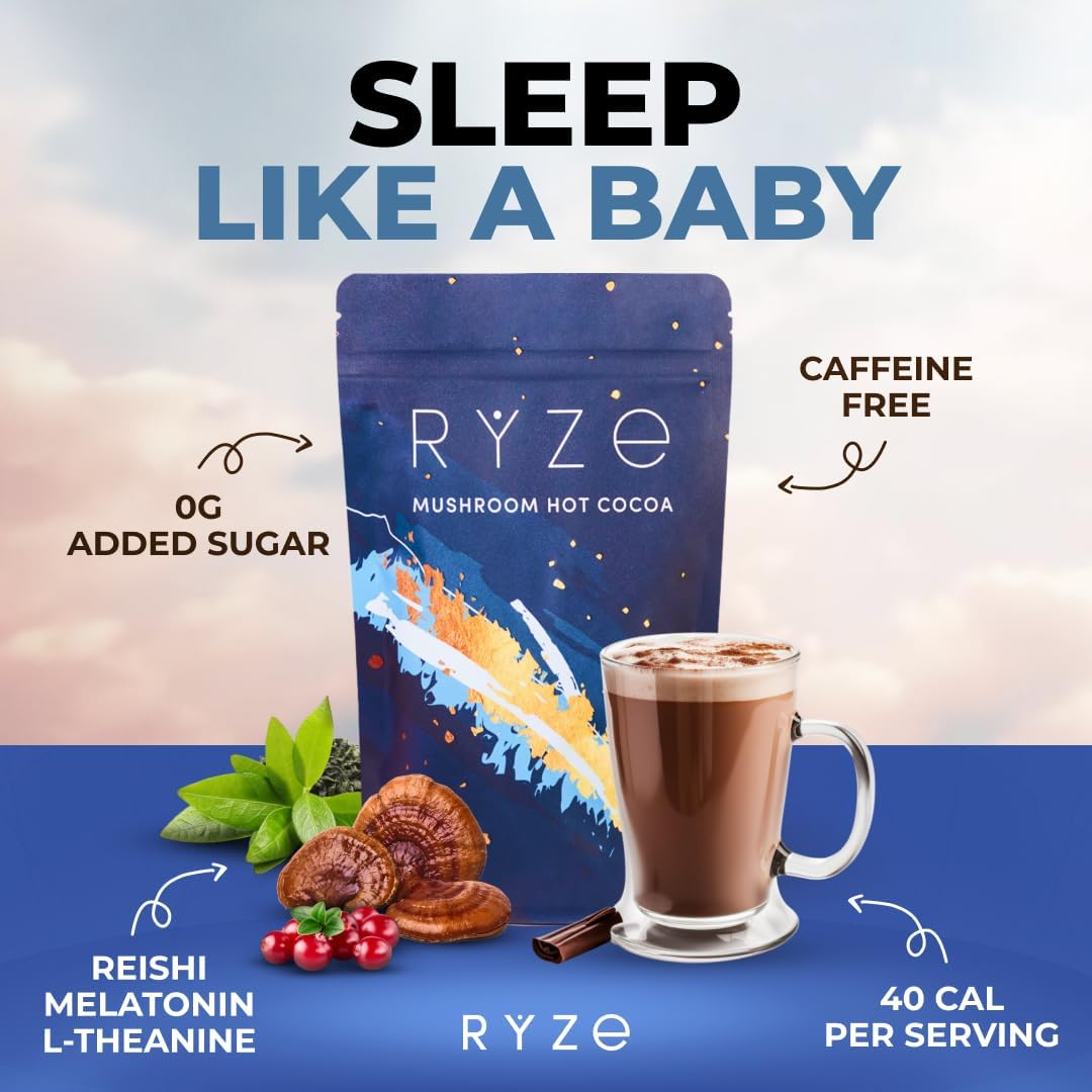 "Bedtime hot cocoa drink with adaptogenic mushrooms and natural melatonin"