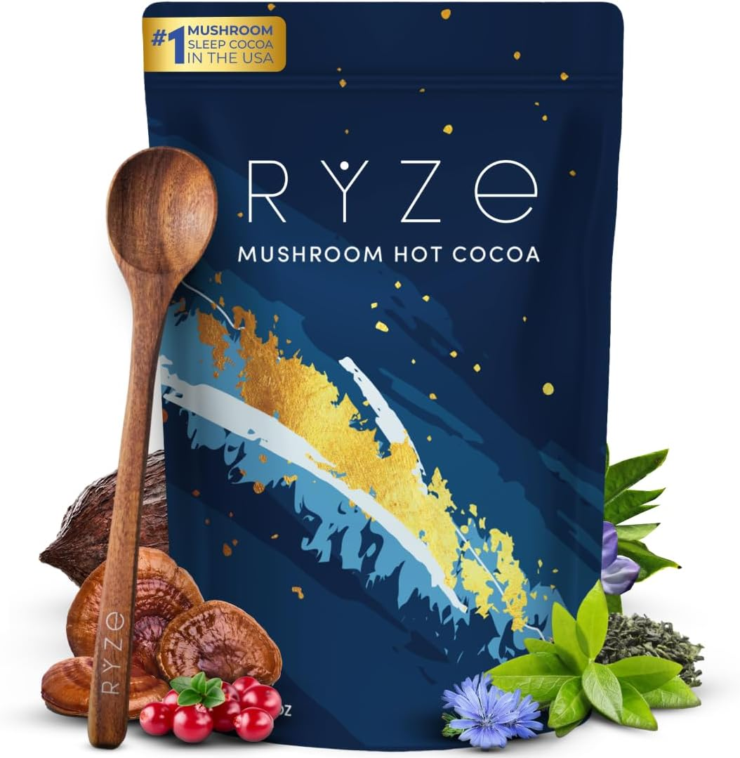RYZE SUPERFOODS mushroom hot cocoa with melatonin for sleep support"