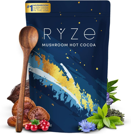 RYZE SUPERFOODS mushroom hot cocoa with melatonin for sleep support"