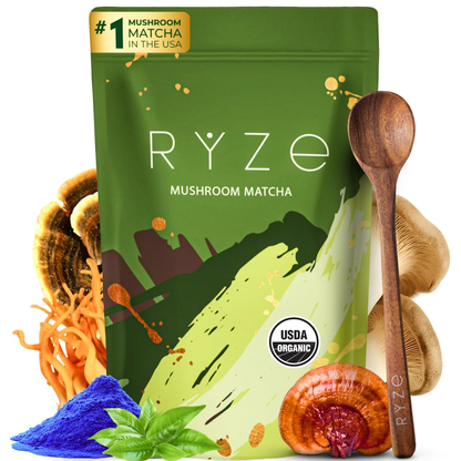 RYZE SUPERFOODS mushroom matcha with 6 adaptogenic mushrooms"